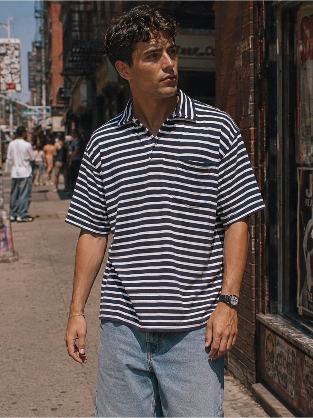 Vintage Ralph Lauren Polo Sport Mens Shirt XL Blue White Stripe Waffle Weave
